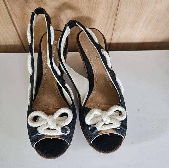 Sperry Top Sider Women's Cork Wedge Peep Toe Slingback Sandals Black Size 6.5M - Picture 2 of 7